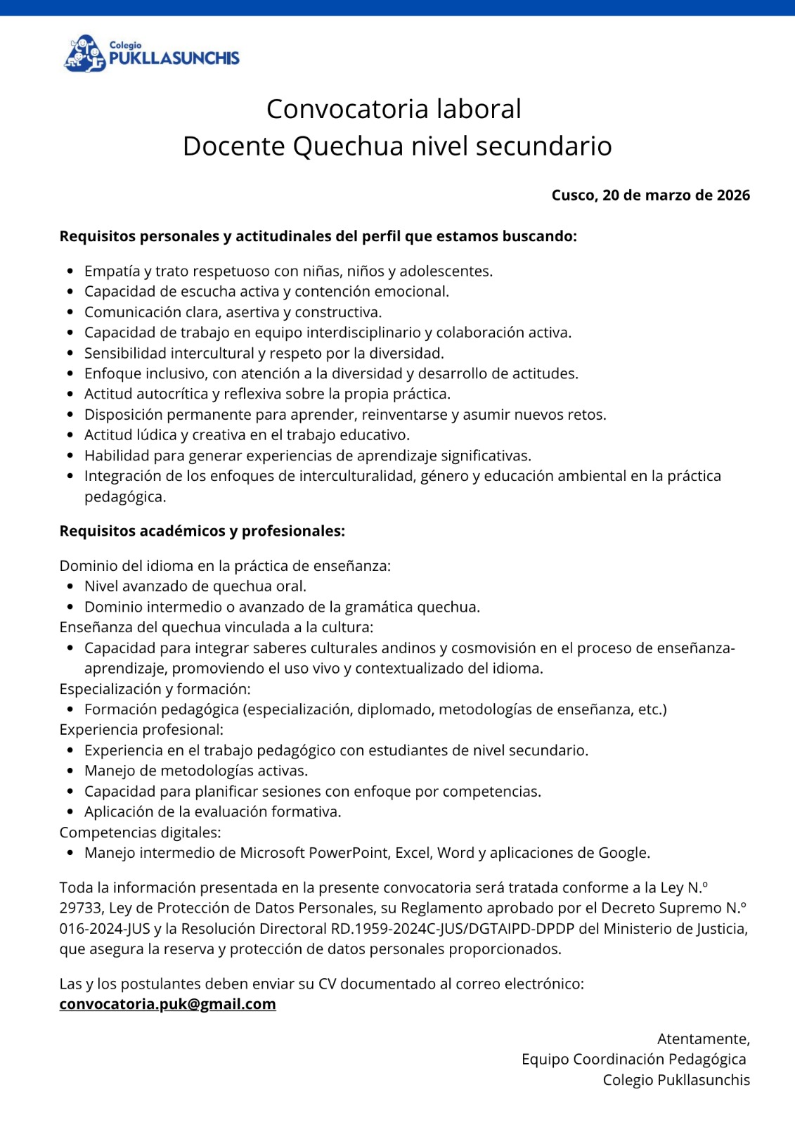 Docente de Quechua – nivel secundario